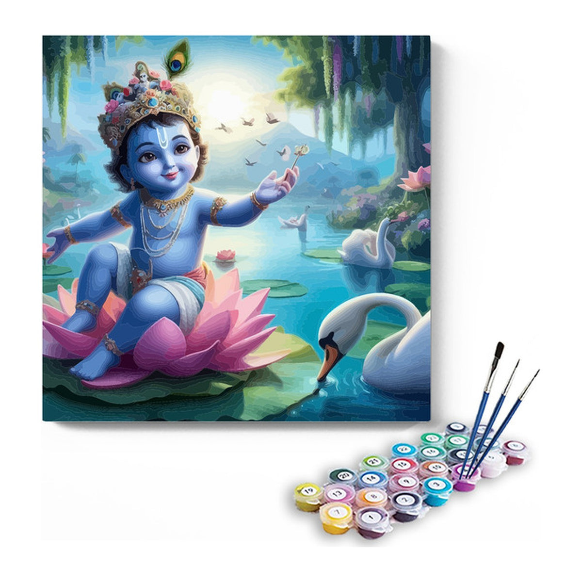 Baby Krishna Seated on Lotus with Swan Paint by Numbers Kit – DIY Acrylic Painting Kit for Adults
