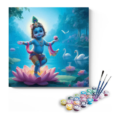 Baby Krishna on Lotus in Blue Lake Paint by Numbers Kit – DIY Acrylic Painting Kit for Adults