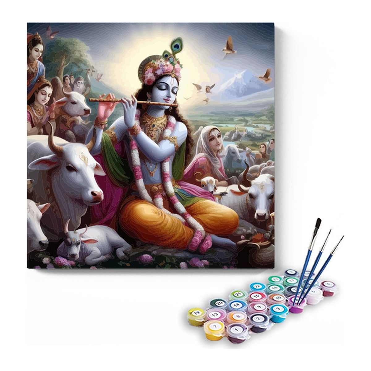 Krishna Seated with Cows in Vrindavan Paint by Numbers Kit – DIY Acrylic Painting Kit for Adults