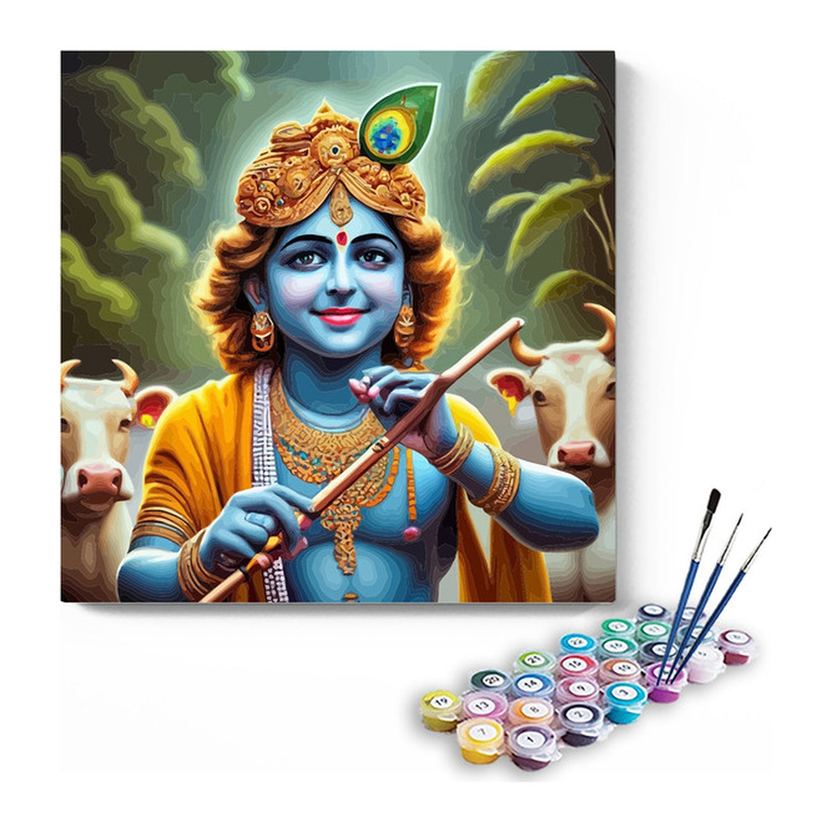 Krishna Playing Flute with Cows Paint by Numbers Kit – DIY Acrylic Painting Kit for Adults