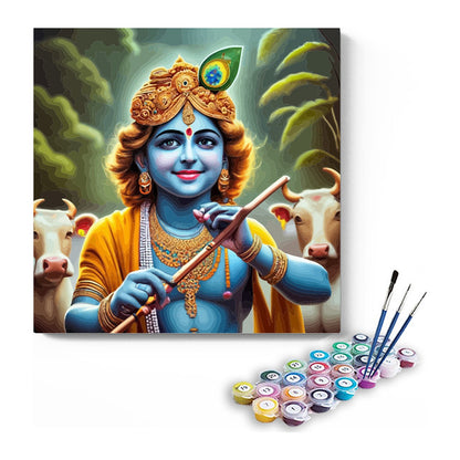 Krishna Playing Flute with Cows Paint by Numbers Kit – DIY Acrylic Painting Kit for Adults