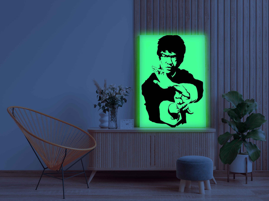 Bruce Lee Canvas DIY Painting – Glow in the Dark Kit for Martial Arts Fans | Eazy Arts DIY Art Set with Brushes, Glow Paint & Black Paint (Blue/Cyan/Green Glow Options) - GID-FAN-003