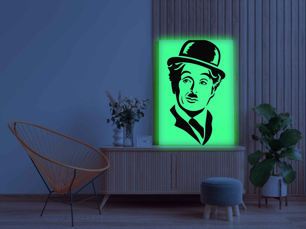 Charlie Chaplin Canvas DIY Painting – Glow in the Dark Kit for Classic Movie Fans | Eazy Arts DIY Art Set with Brushes, Glow Paint & Black Paint (Blue/Cyan/Green Glow Options) - GID-FAN-004