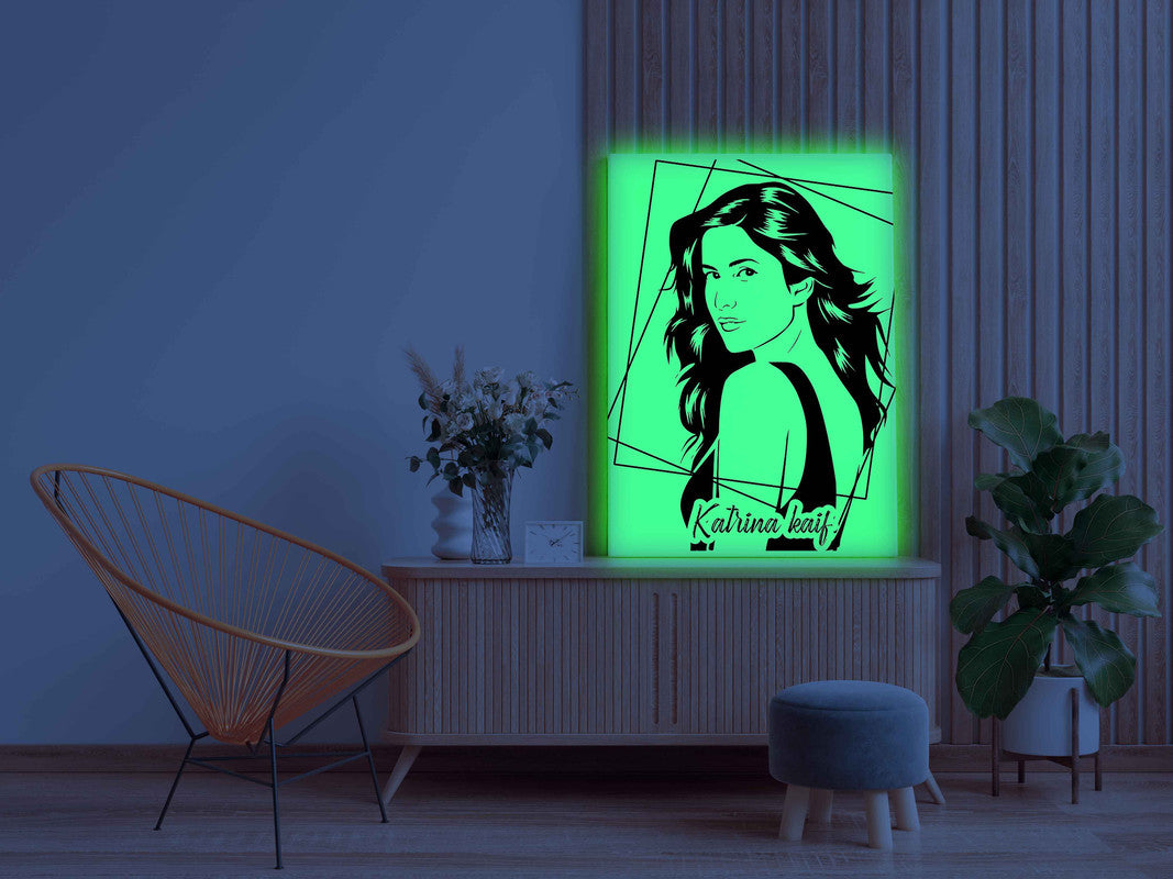 Katrina Kaif Canvas DIY Painting – Glow in the Dark Kit for Bollywood Fans | Eazy Arts DIY Art Set with Brushes, Glow Paint & Black Paint (Blue/Cyan/Green Glow Options) - GID-FAN-007