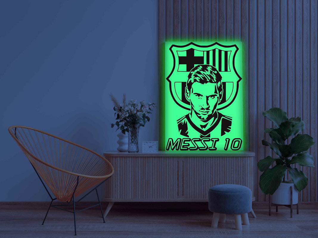 Messi 10 with FC Barcelona Logo Canvas DIY Painting – Glow in the Dark Kit for Football Fans | Eazy Arts DIY Art Set with Brushes, Glow Paint & Black Paint (Blue/Cyan/Green Glow Options) - GID-FAN-010