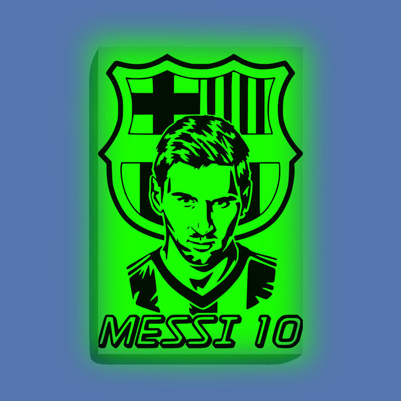 Messi 10 with FC Barcelona Logo Canvas DIY Painting – Glow in the Dark Kit for Football Fans | Eazy Arts DIY Art Set with Brushes, Glow Paint & Black Paint (Blue/Cyan/Green Glow Options) - 28 X 42 CM / Green / Without Frames - GID-FAN-010-13