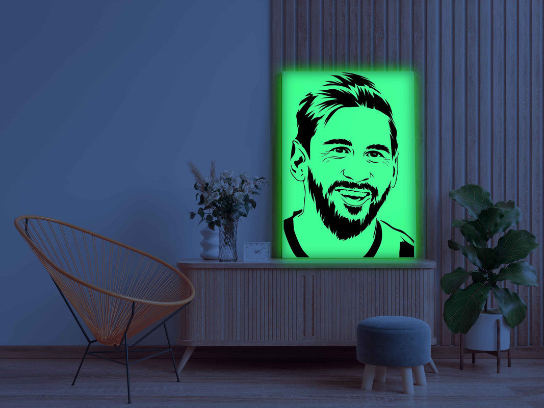 Smiling Lionel Messi Canvas DIY Painting – Glow in the Dark Kit for Football Fans | Eazy Arts DIY Art Set with Brushes, Glow Paint & Black Paint (Blue/Cyan/Green Glow Options) - GID-FAN-011