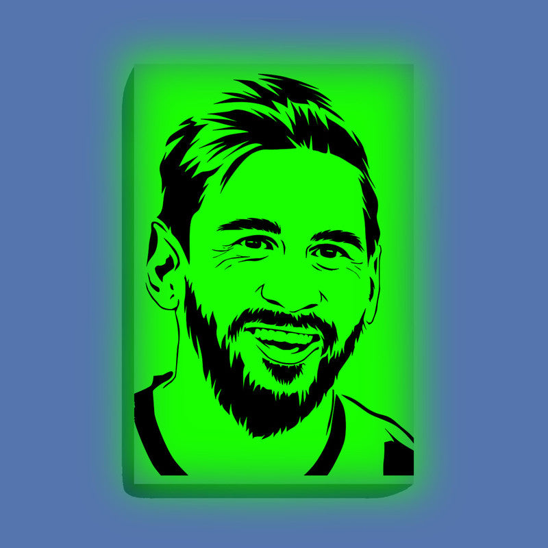 Smiling Lionel Messi Canvas DIY Painting – Glow in the Dark Kit for Football Fans | Eazy Arts DIY Art Set with Brushes, Glow Paint & Black Paint (Blue/Cyan/Green Glow Options) - 28 X 42 CM / Green / Without Frames - GID-FAN-011-13