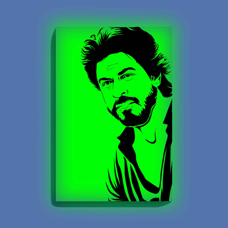 Bearded Shah Rukh Khan Canvas DIY Painting – Glow in the Dark Kit for Bollywood Fans | Eazy Arts DIY Art Set with Brushes, Glow Paint & Black Paint (Blue/Cyan/Green Glow Options) - 28 X 42 CM / Green / Without Frames - GID-FAN-014-13