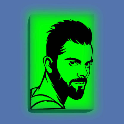 Virat Kohli Portrait Canvas DIY Painting – Glow in the Dark Kit for Cricket Fans | Eazy Arts Art Set with Brushes, Glow Paint & Black Paint (Blue/Cyan/Green Glow Options) - 28 X 42 CM / Green / Without Frames - GID-FAN-017-13