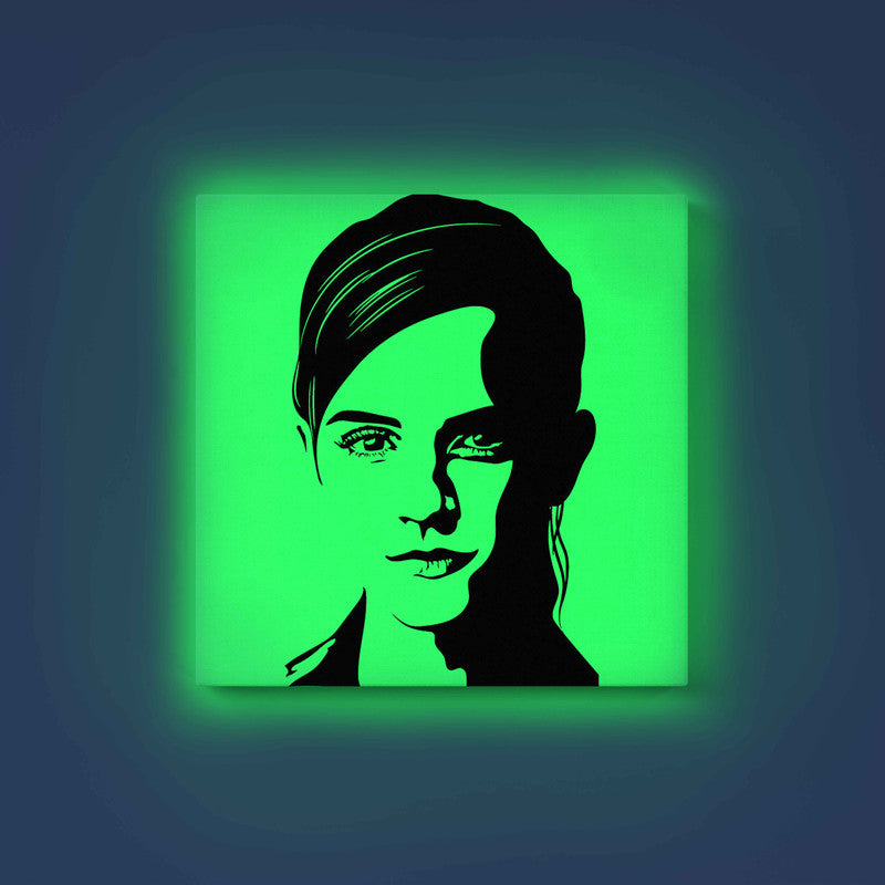 Emma Watson Portrait Canvas DIY Painting – Glow in the Dark Art Kit for Fans | Eazy Arts Paint Set with Glow Colors, Brushes & Instructions - 30 X 30 CM / Green / Without Frames - GID-FAN-019-13