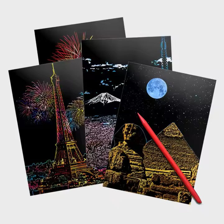 World Landmarks Scratch Painting Kit – Eiffel Tower, Pyramids, Mount Fuji & More –