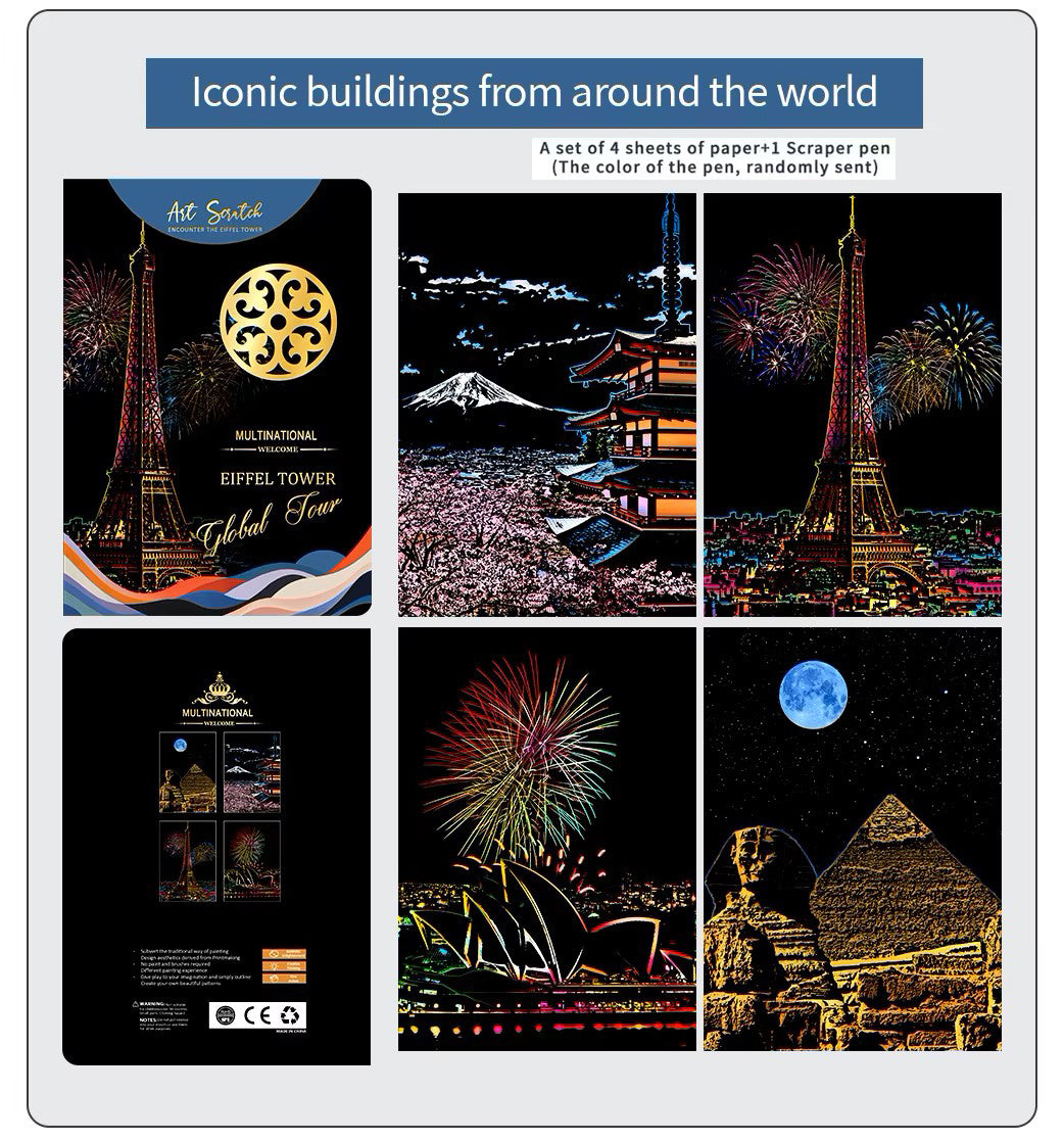 World Landmarks Scratch Painting Kit – Eiffel Tower, Pyramids, Mount Fuji & More –