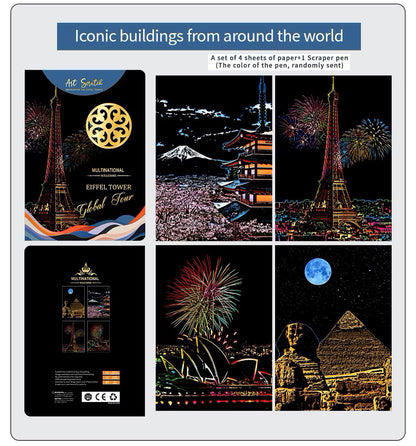 World Landmarks Scratch Painting Kit – Eiffel Tower, Pyramids, Mount Fuji & More –