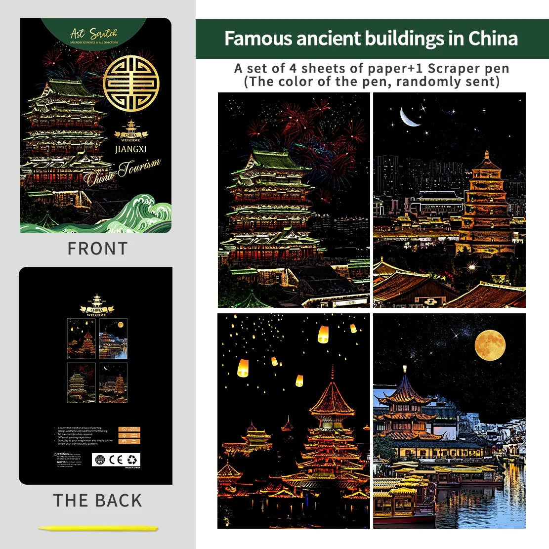 Ancient China Scratch Painting Kit – Jiangxi Temples, Lantern Festival & Night River Views