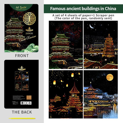 Ancient China Scratch Painting Kit – Jiangxi Temples, Lantern Festival & Night River Views
