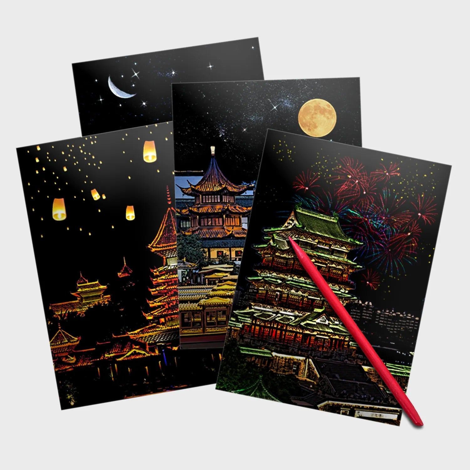 Ancient China Scratch Painting Kit – Jiangxi Temples, Lantern Festival & Night River Views