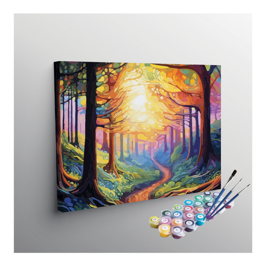 DIY Painting Kit -Mystical Forest Path with Glowing Sunrise Paint by Numbers Kit