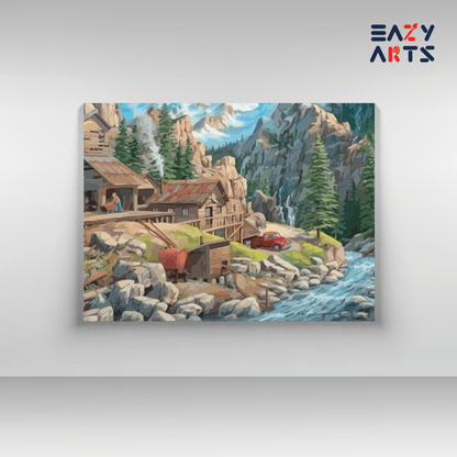 DIY Paint by numbers kit - Mountain Cabin by the River Paint by Numbers Kit