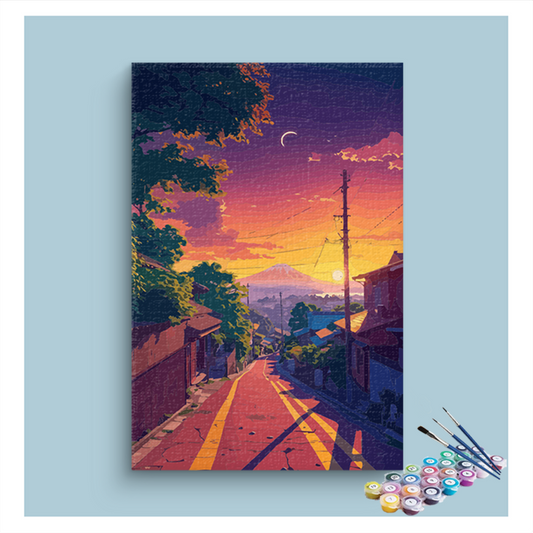 DIY Painting Kit -Sunset Over Serene Village Path Paint by Numbers Kit