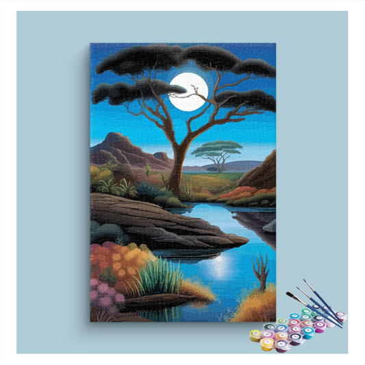 DIY Painting Kit -Moonlit African Landscape Paint by Numbers Kit