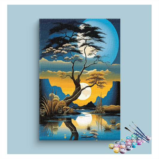 DIY Painting Kit -Dual Moon Reflections in Tranquil Waters Paint by Numbers Kit