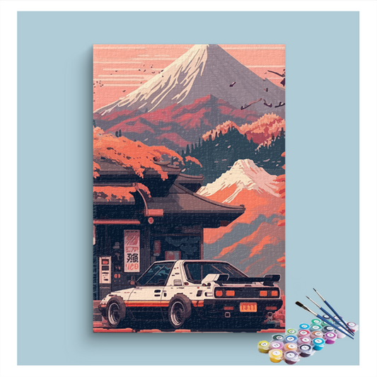 DIY Painting Kit -Retro Car at Mountain Temple Paint by Numbers Kit