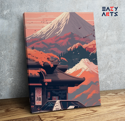 DIY Paint by numbers kit - Retro Car at Mountain Temple Paint by Numbers Kit