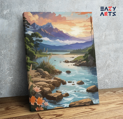 DIY Paint by numbers kit - Mountain Stream at Sunset Paint by Numbers Kit