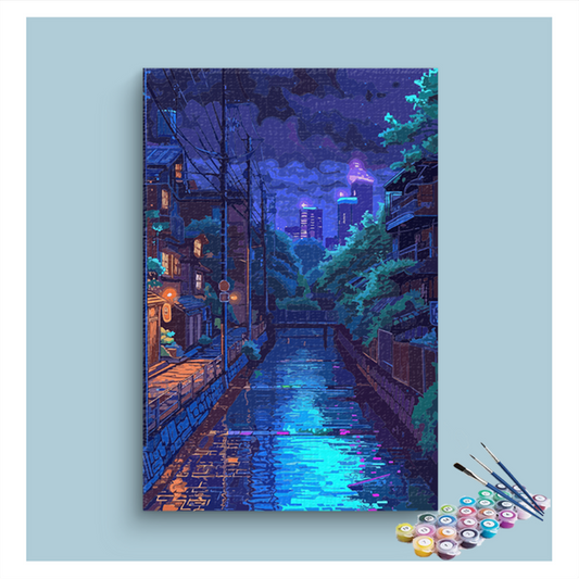 DIY Painting Kit -Nighttime City Canal with Neon Reflections Paint by Numbers Kit