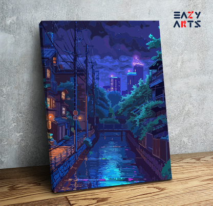 DIY Paint by numbers kit - Nighttime City Canal with Neon Reflections Paint by Numbers Kit