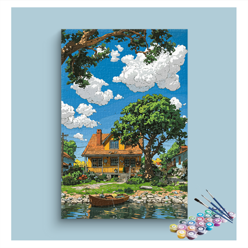 DIY Painting Kit -Sunny Cottage by the Lake Paint by Numbers Kit