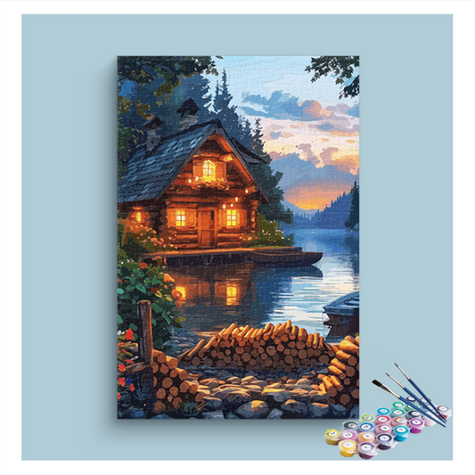 DIY Painting Kit -Cozy Cabin by the Lake at Dusk Paint by Numbers Kit