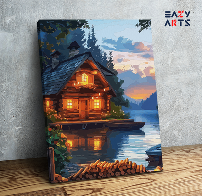 DIY Paint by numbers kit - Cozy Cabin by the Lake at Dusk Paint by Numbers Kit