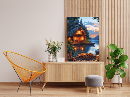 DIY PBN Kit - Cozy Cabin by the Lake at Dusk Paint by Numbers Kit