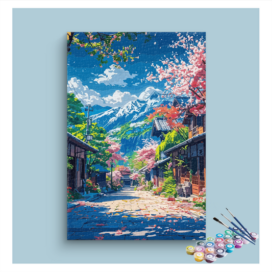 DIY Painting Kit -Cherry Blossom Village with Mountain View Paint by Numbers Kit