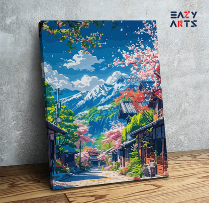 DIY Paint by numbers kit - Cherry Blossom Village with Mountain View Paint by Numbers Kit