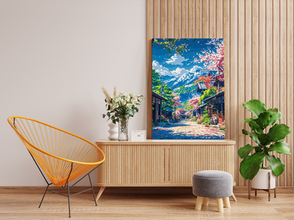 DIY PBN Kit - Cherry Blossom Village with Mountain View Paint by Numbers Kit