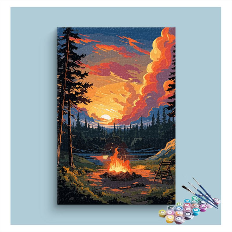 DIY Painting Kit -Sunset Campfire by the Lake Paint by Numbers Kit