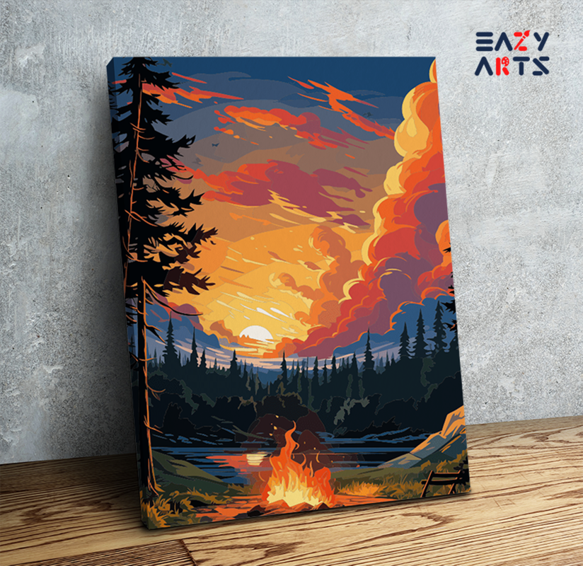 DIY Paint by numbers kit - Sunset Campfire by the Lake Paint by Numbers Kit