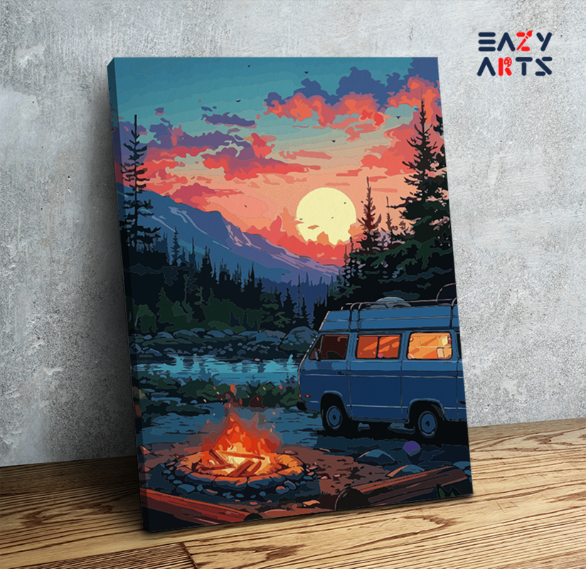 DIY Paint by numbers kit - Sunset Campfire Adventure: Scenic Camping Paint by Numbers Kit