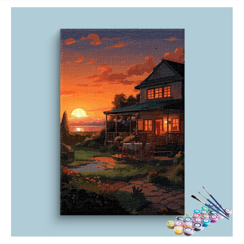 DIY Painting Kit -Sunset Cottage by the Sea Paint by Numbers Kit