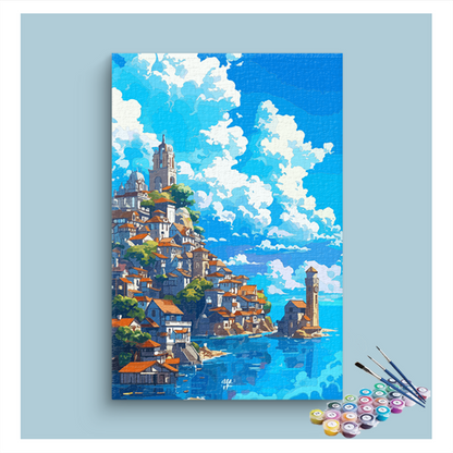 DIY Painting Kit -Seaside Mediterranean Village Paint by Numbers Kit
