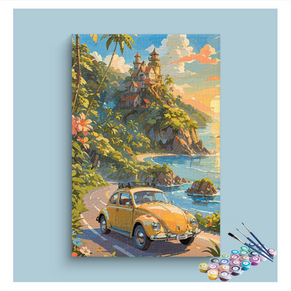 DIY Painting Kit -Coastal Drive with Vintage Car Paint by Numbers Kit