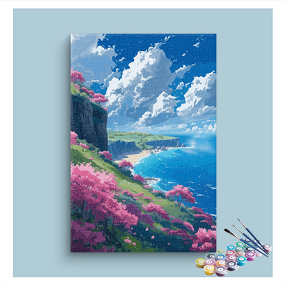 DIY Painting Kit -Pink Blossom Cliffs by the Sea Paint by Numbers Kit