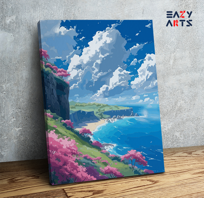 DIY Paint by numbers kit - Pink Blossom Cliffs by the Sea Paint by Numbers Kit