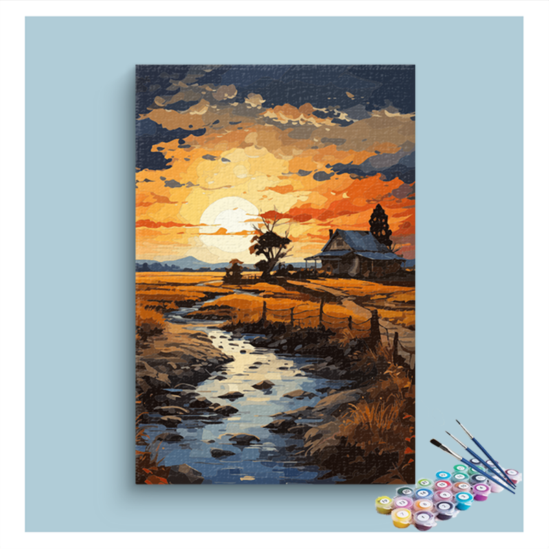 DIY Painting Kit -Golden Sunset on the Farm: Paint by Numbers Kit