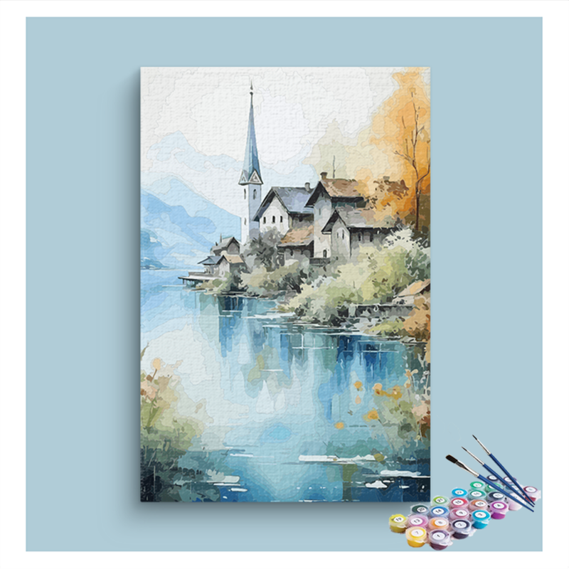 DIY Painting Kit -Serene Lakeside Village Paint by Numbers Kit