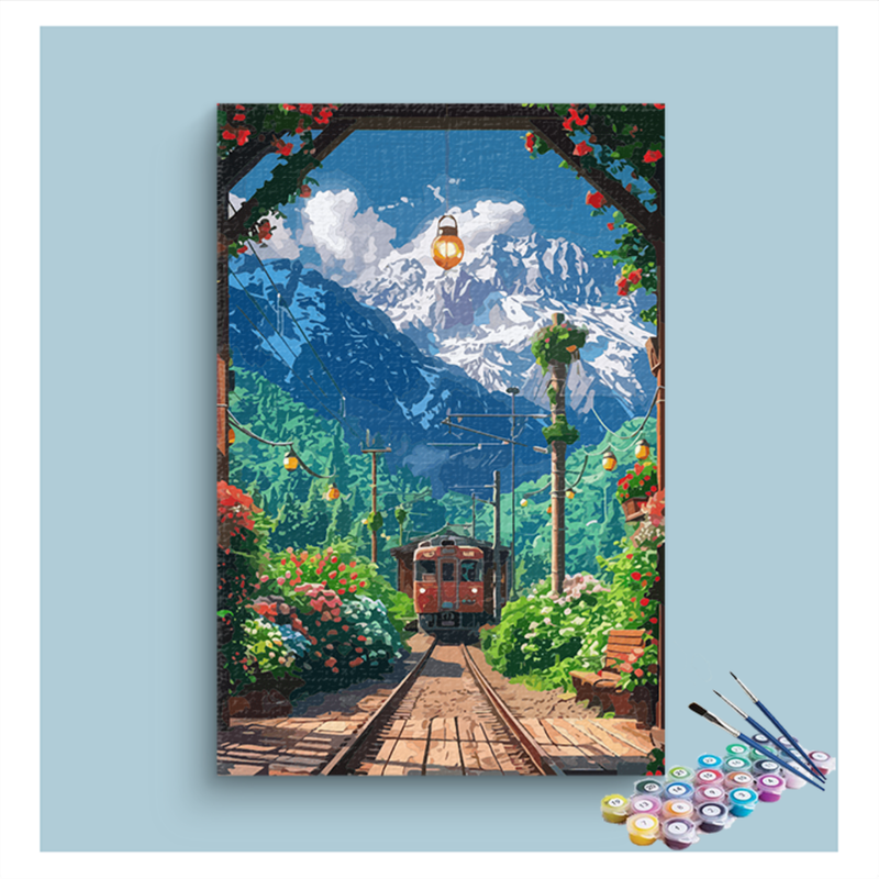 DIY Painting Kit -Mountain Train Station Paint by Numbers Kit