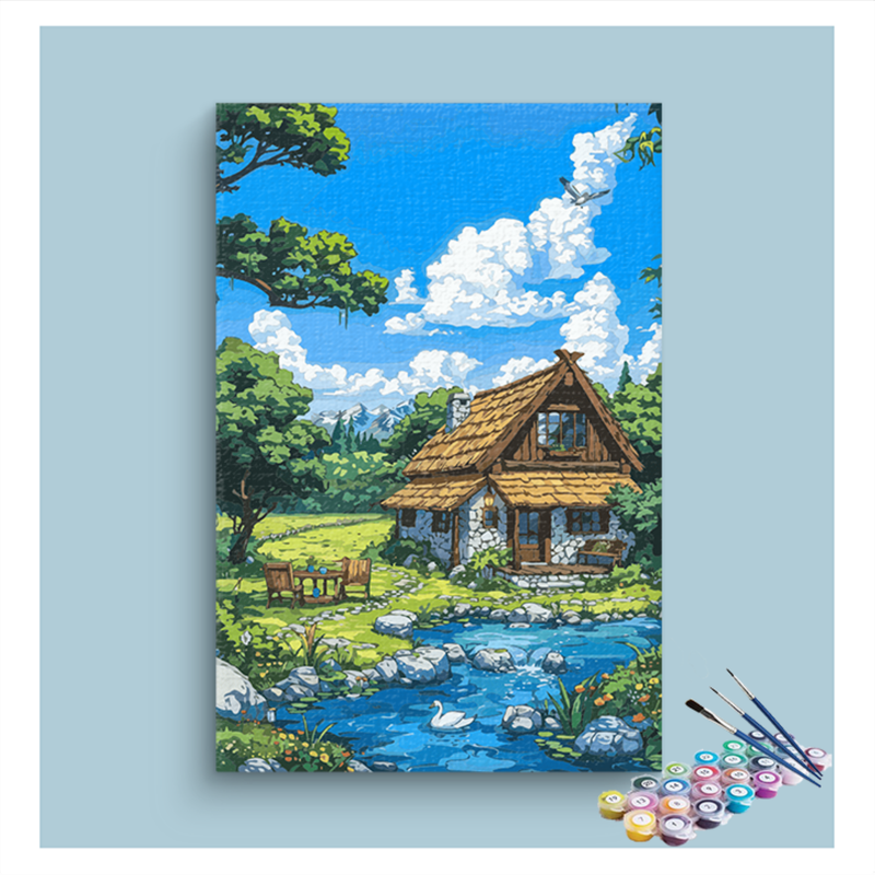 DIY Painting Kit -Cottage by the Stream Paint by Numbers Kit